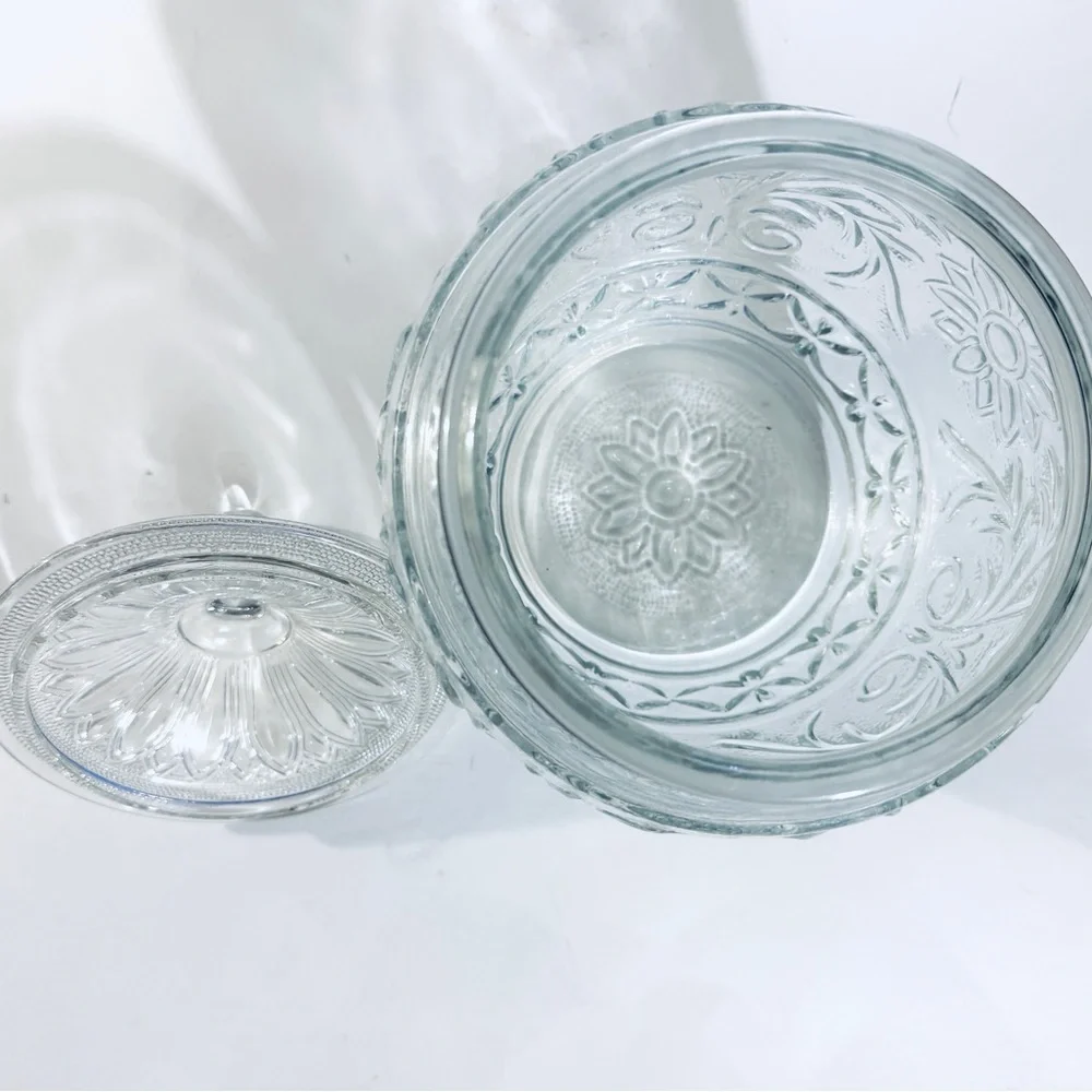 Vintage 1940’s Anchor Hocking Clear Sunflower Pressed Glass Cookie Jar